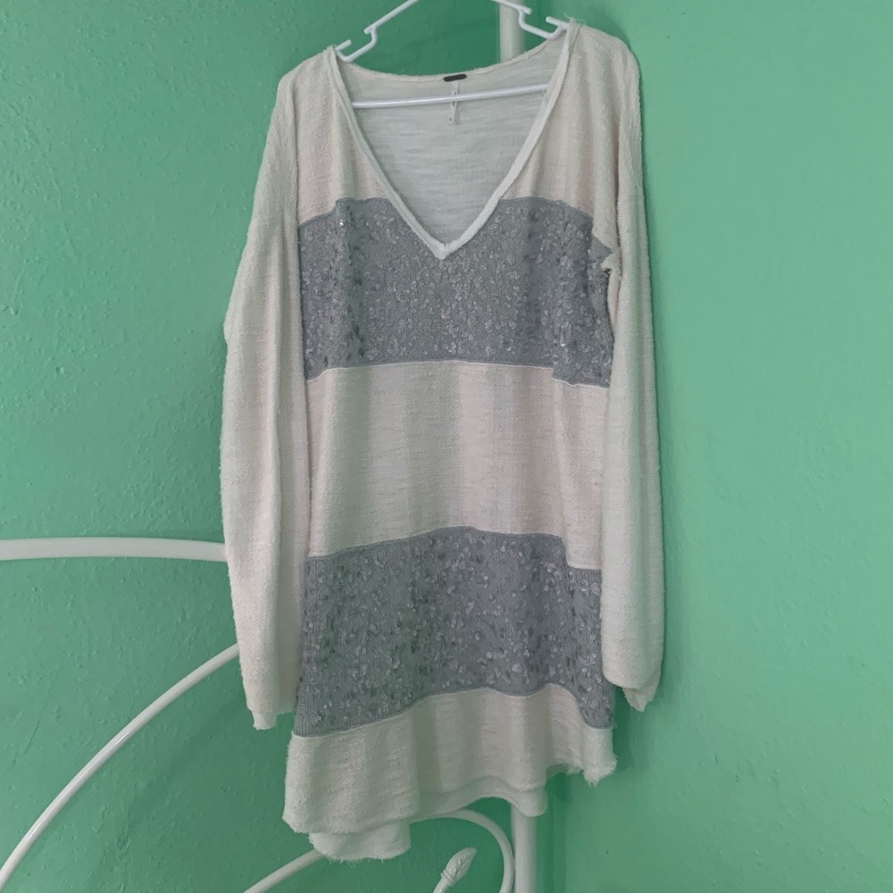 Free People Leopard Sequin Stripe Pullover Sweater